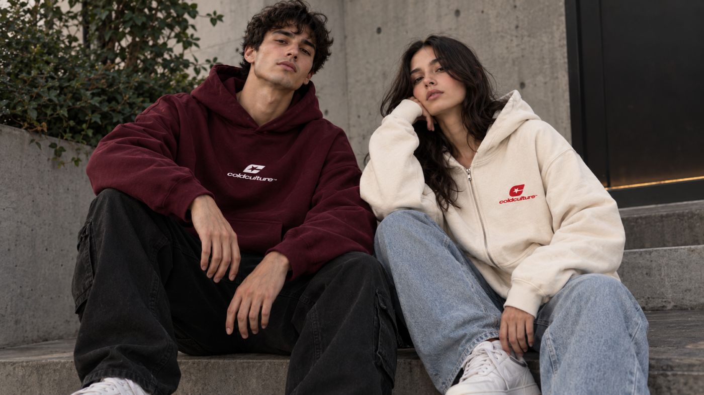 Two models styling burgundy and cream Cold Culture hoodies in a relaxed urban streetwear look.